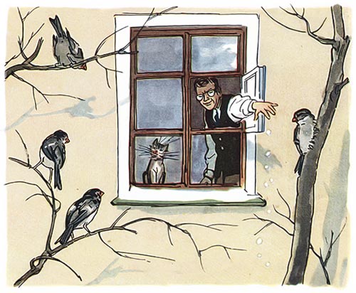человек кормит птиц воробьев зимой из окна
