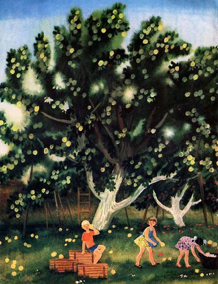 дети собирают яблоки