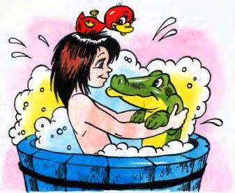 Девочка чистая в мыльной пене и крокодил