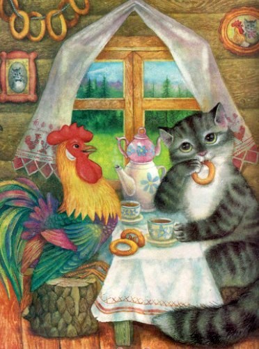 Картинка кот и петух. Сказка про кота. Котик с петушком. Чай с петушком. Домик петушка и кота.