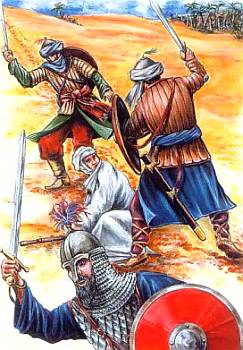 Воины Аббасидов убивают младшего брата Абдаррахмана (внизу), который успел переправиться через реку.