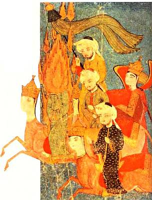 Пророк Мухаммед, которого художник изобразил с пылающим ликом, скачет на мифическом коне Бураке. За ним едут первые халифы Абу Бакр, Умар I и Усман.