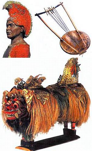 Экспонаты Кунсткамеры: головной убор и мантия из перьев — наряд гавайского короля (слева); музыкальный инструмент из Эфиопии (справа); лев Баронг — персонаж индонезийской мифологии (внизу).