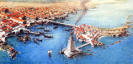 Такой была древняя Александрия. Знаменитый маяк находился на острове Фарос. соединенном с материком дамбой