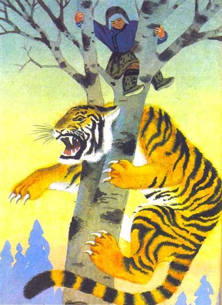 тигр залез на дерево за мальчиком и застрял между веток