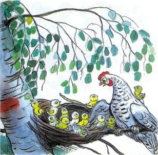 курица курочка на дереве в гнезде с детьми цыплятами