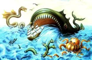 морское чудовище заглатывает корабль