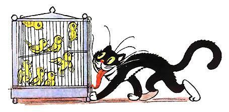 кот крадется к клетке с птицами