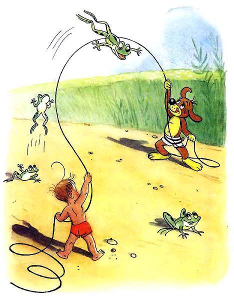Пиф и Дуду лягушка скачет на скакалке