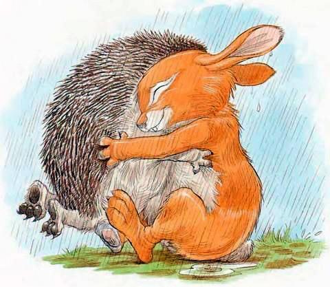 Ёжик и Кролик обнимаются под дождем