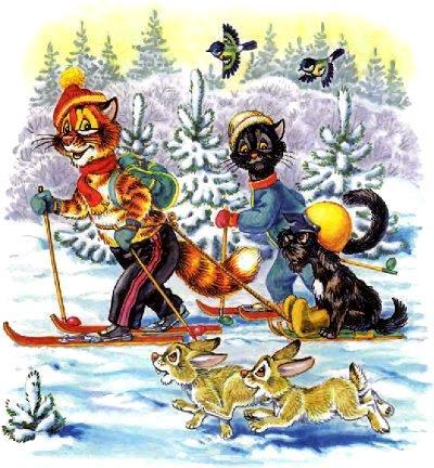 кот Пузик и пёс Тузик по лесу на лыжах