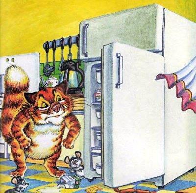 кот Пузик и мышки у открытого холодильника
