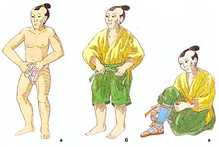 Поверх льняной набедренной повязки (а) самурай надевал просторную юбку-штаны, в которую заправлял легкое кимоно (б). Широкие штанины он убирал в матерчатые гетры и туго перевязывал кожаными ремешками (в).