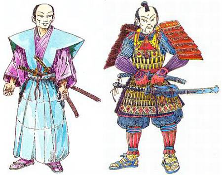 Слева: самурай в костюме, предназначенном для мирного времени, с «мирными» мечами катаной и вакадзаси. Справа: самурай в доспехах, вооруженный боевыми мечами тати и танто.
