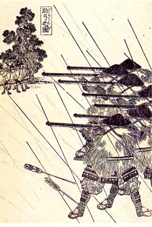 самураи, которые под градом стрел ведут по противнику огонь из мушкетов.