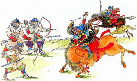 Сражение двух всадников-самураев с тремя воинами эмиси.