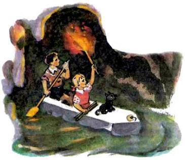 Фред Элли Тотошка плывут по пещере на лодке