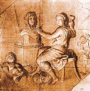 На этом рисунке французский живописец XVII в. Ш. Лебрен в форме аллегории запечатлел труд скульптора.