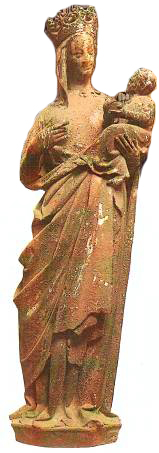 Золотая Богоматерь — скульптура с южного портала Амьенского собора, камень, 1240–1245. Культ Богоматери в средневековой Европе был очень распространен, поэтому скульптура Богоматери с Младенцем есть в любом католическом храме.