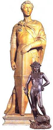 Донателло. Святой Георгий, мрамор. 1415–1417 (вверху), Давид, бронза, 1430-е годы (внизу). В статуе Давида скульптор подчеркнул прежде всего юность героя, победившего великана Голиафа.