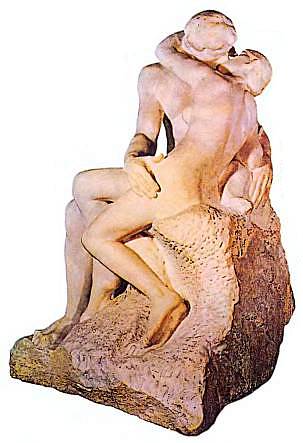 О. Роден. Поцелуй, мрамор, 1886–1898. В отличие от других своих произведений, в «Поцелуе» Роден воплотил классическую правильность пропорций — фигурам он придал плавность линий, нежные, тающие контуры.