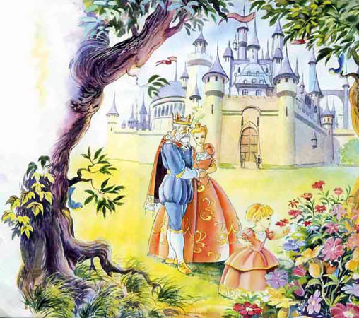 король и королева прогуливаются с сыном в саду у замка