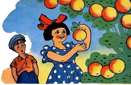 девочка собирает яблоки