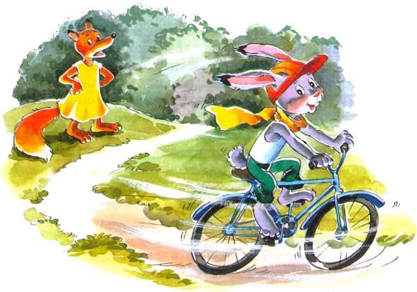 Заяц Коська проезжает на велосипеде мимо лисы