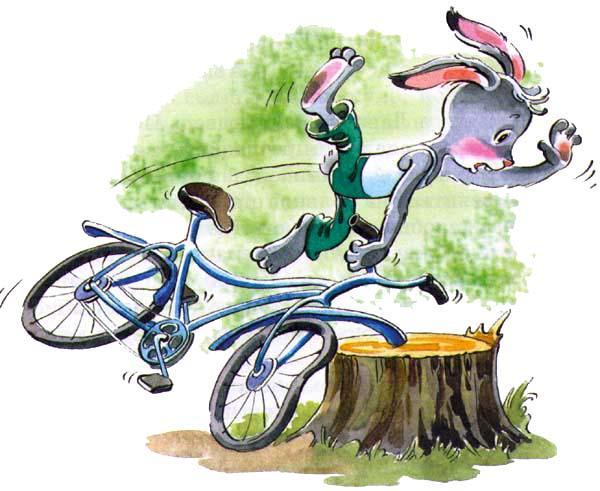 Заяц Коська на велосипеде налетел на пень и упал