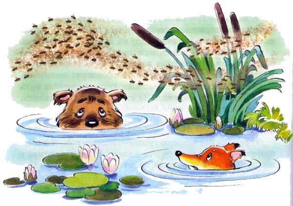 Лиса Лариска и медведь прячутся в воде озере от пчел