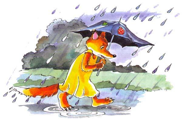 Лиса Лариска идет под дождем с зонтом