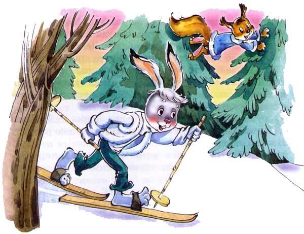 Заяц Коська едет на лыжах по заснеженному лесу