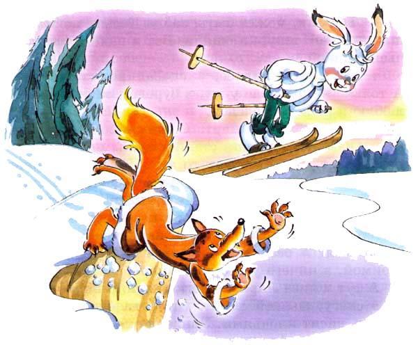 Заяц Коська на лыжах прыгает с трамплина снег лиса упала