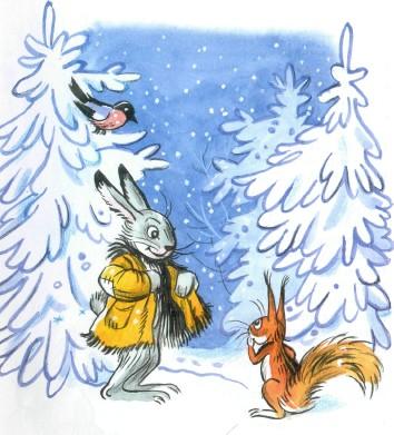 заяц и белка взимнем лесу снег