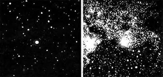 Участок неба, наблюдаемый простым глазом (слева), и его фотографический снимок, сделанный с помощью телескопа (справа).
