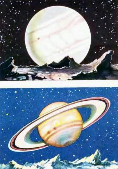 Вид больших планет с поверхности их спутников (сверху — Юпитер, внизу — Сатурн)