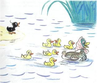утята и утка плавают в озере